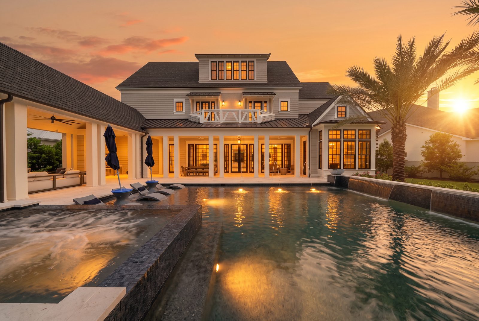 Backyard pool at sunset